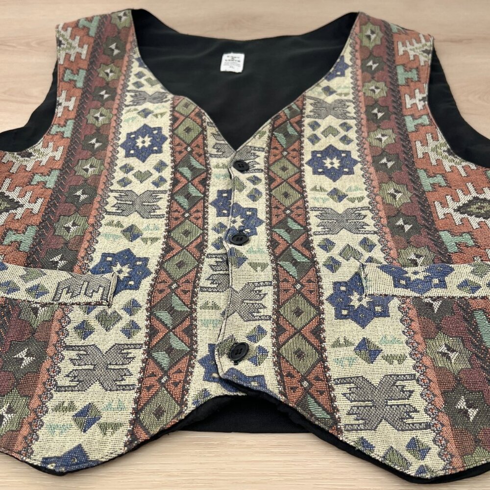 Vintage 90s Tapestry Waistcoat Vest Aztec Southwestern Tribal Pattern Men's XL - Picture 15 of 16